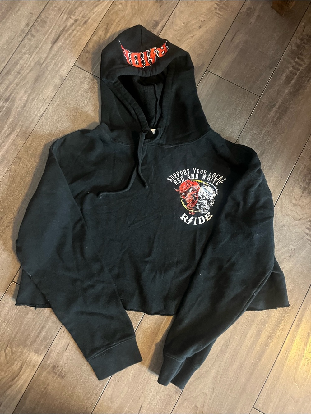 Black Graphic Cropped Hoodie with 'Ride' Skull Design